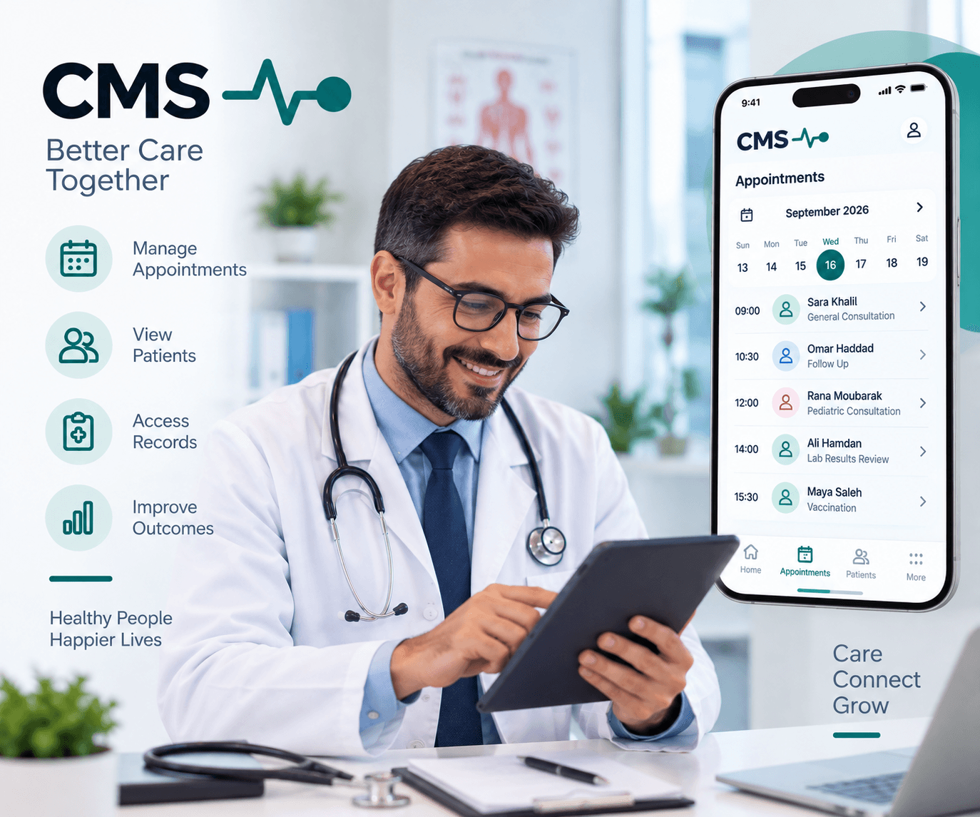 A doctor reviewing appointments on a tablet, with the CMS mobile app shown on a phone